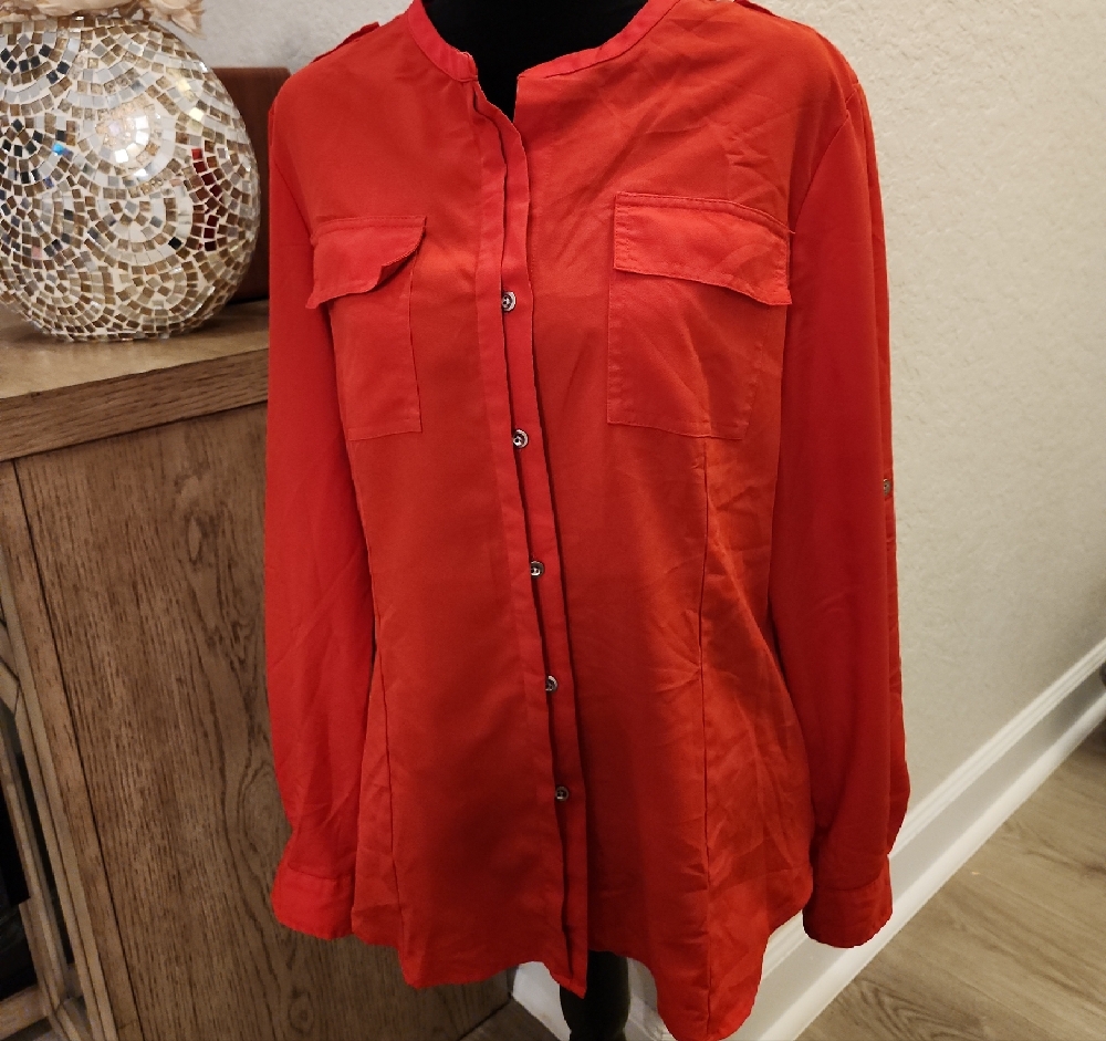 Calvin Klein Red Button Down Blouse With Mandarin Collar